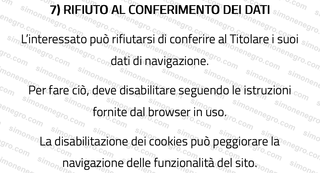 Section 7 of the privacy policy: refusing data collection means disabling cookies manually in the browser, no in-site option